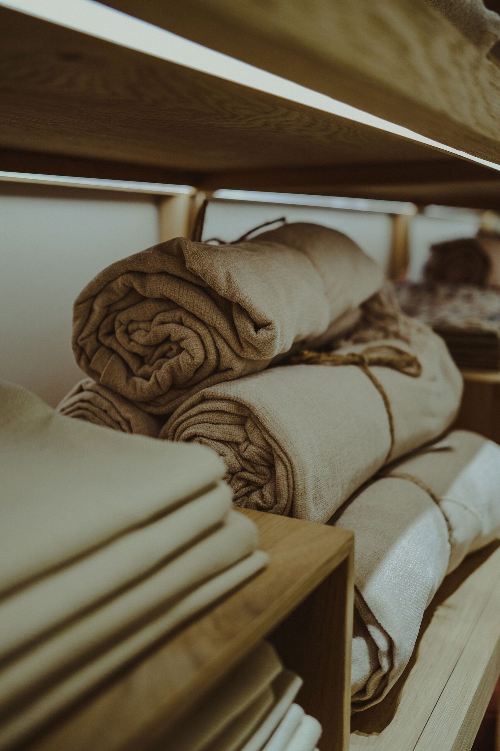 Neatly rolled fresh linen towels stacked on wooden shelving