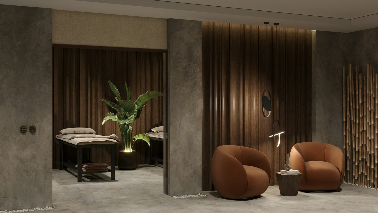 Premium spa lounge with wood-slat walls, terracotta chairs and treatment beds