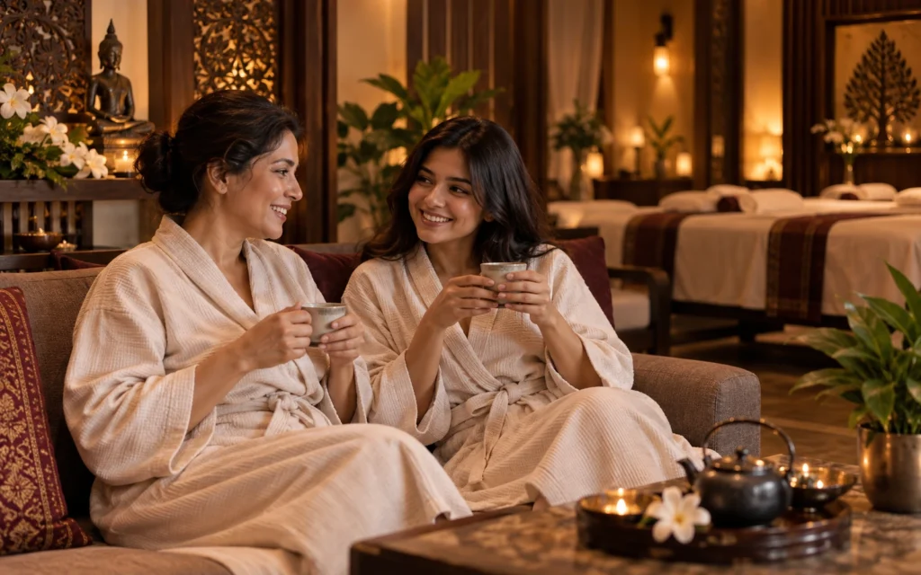 Two adults relaxing together in a warm spa lounge after treatment