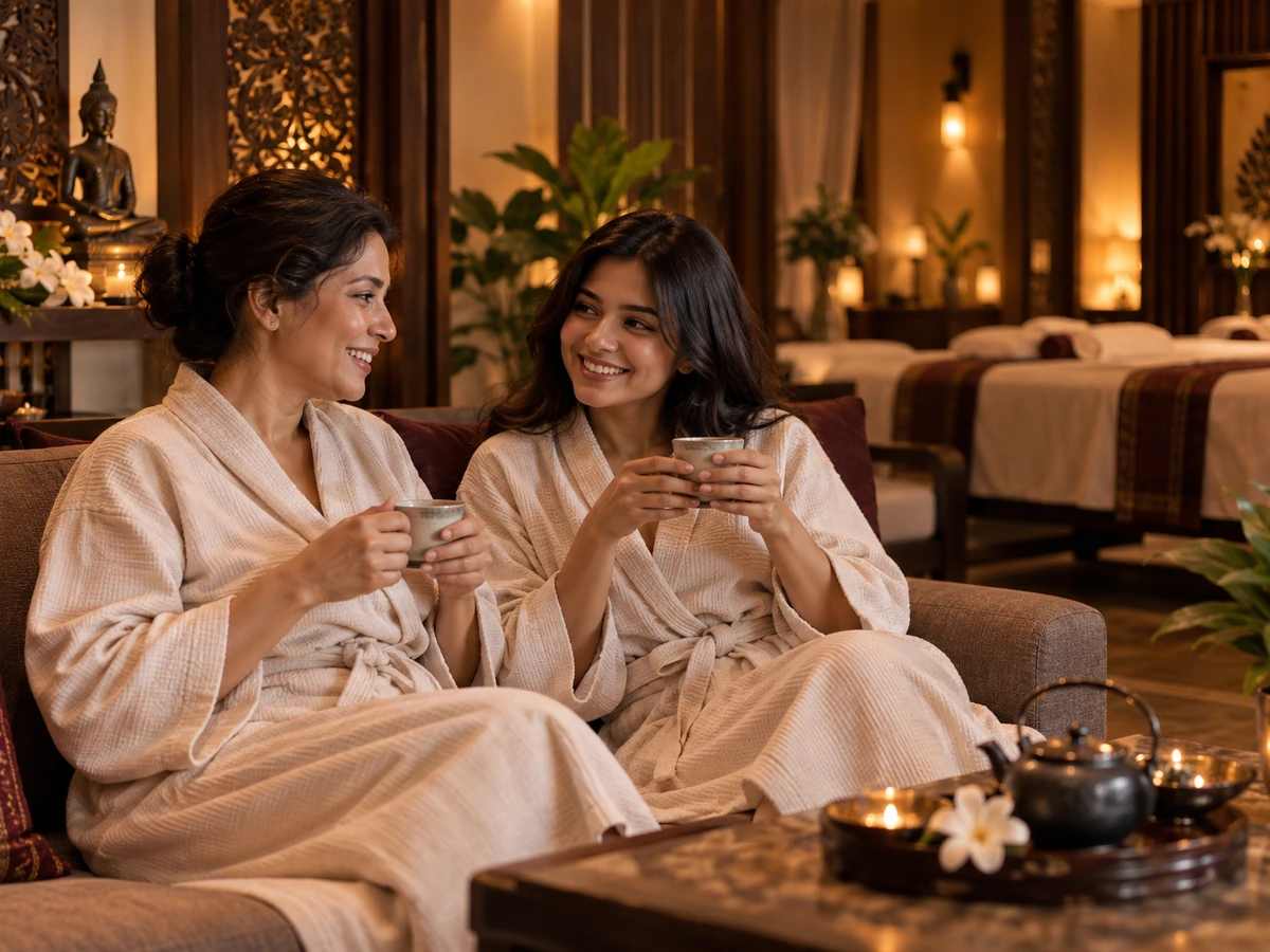 Two adults resting together in the Buddha Spa lounge after treatment