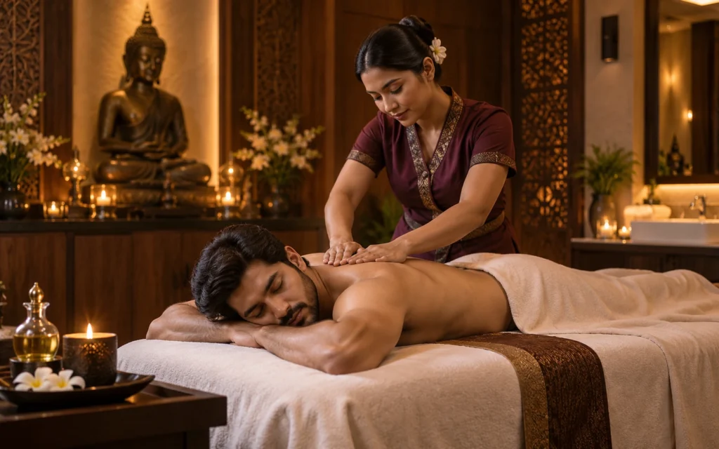 Man receiving a recovery-focused massage treatment in an upscale spa room