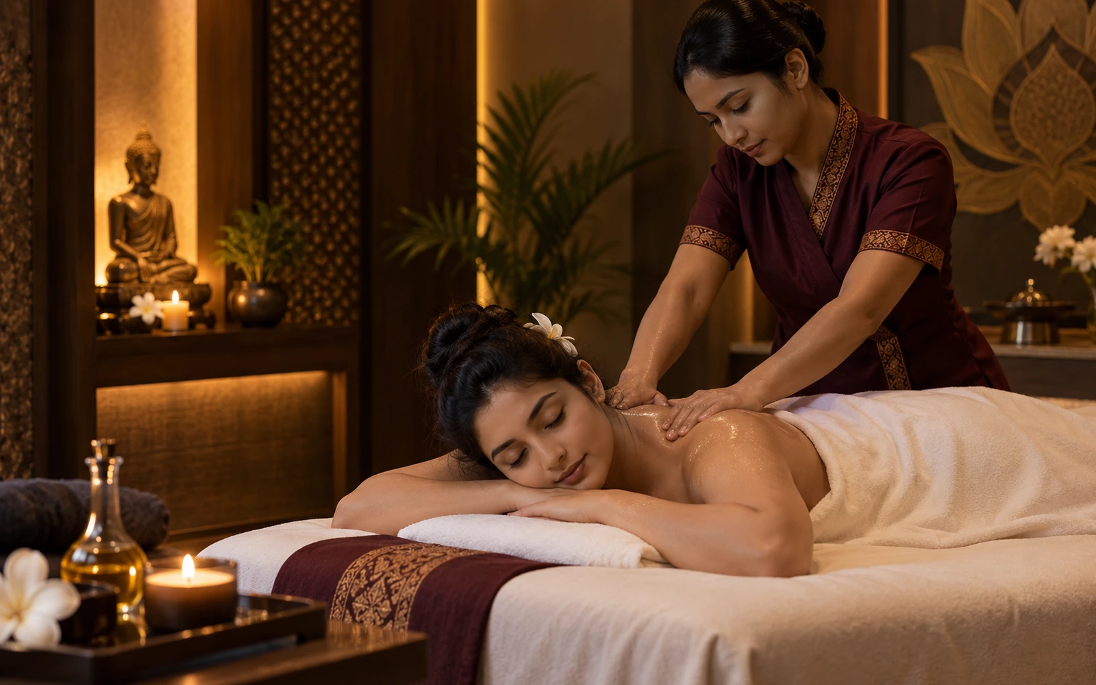 Therapist giving a slow full-body Swedish massage in a warm treatment room