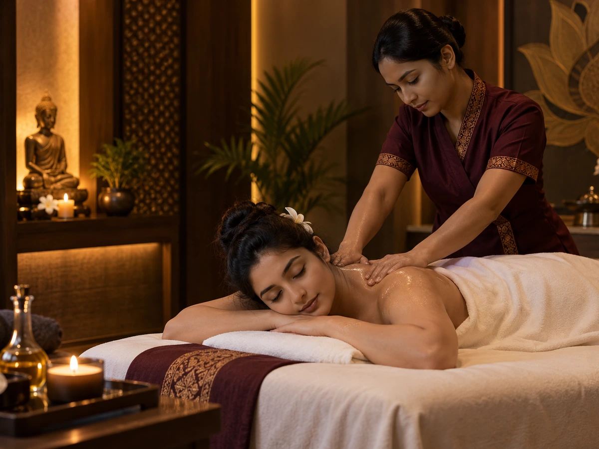 Woman receiving an unhurried full-body massage in a warm treatment room