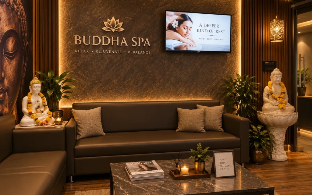 Buddha Spa lounge with treatment beds dressed in cream linen