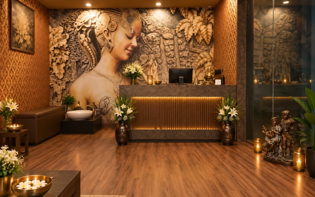 Buddha Spa reception and waiting area lit in warm amber tones