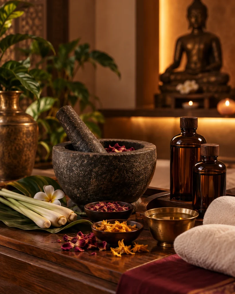 Still life of in-house massage oils, herbs and a brass bowl arranged for the Buddha Ritual