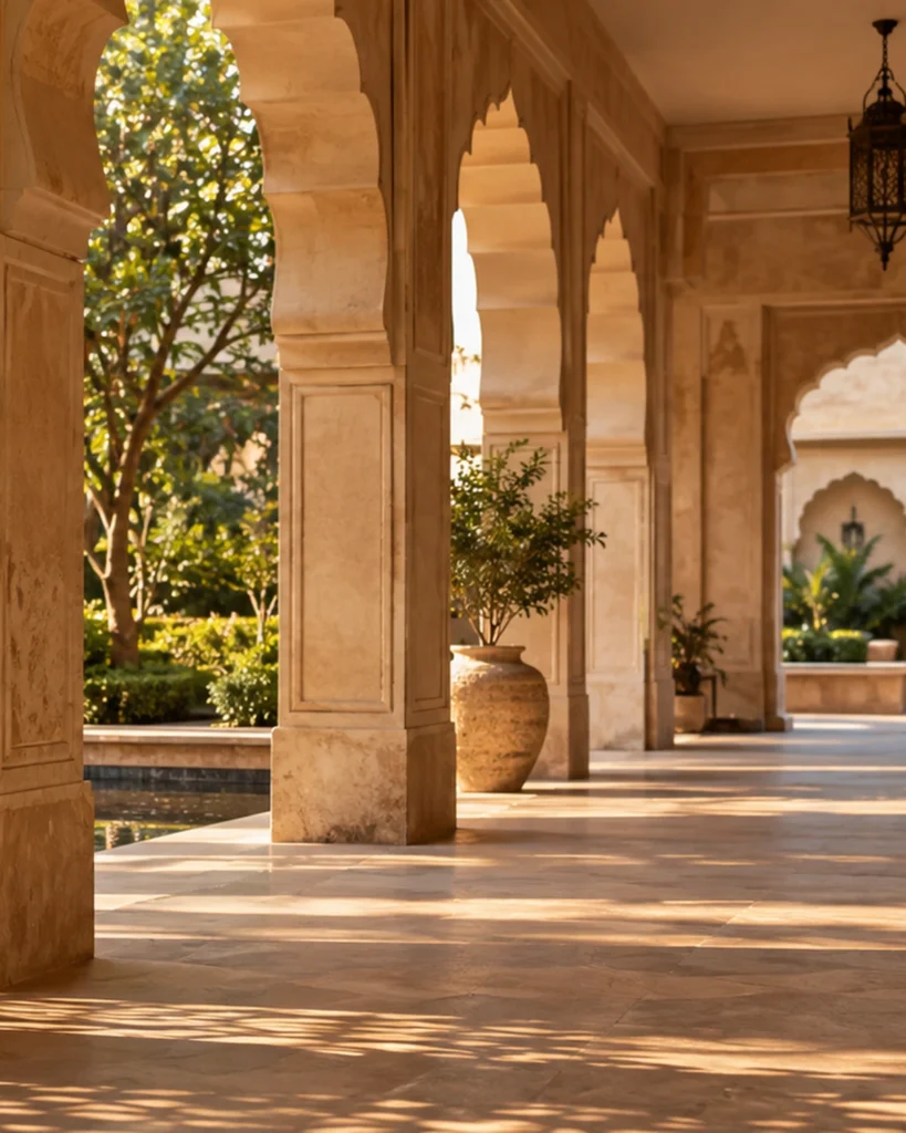Quiet sandstone arcade in Jaipur with sunlight falling across the columns