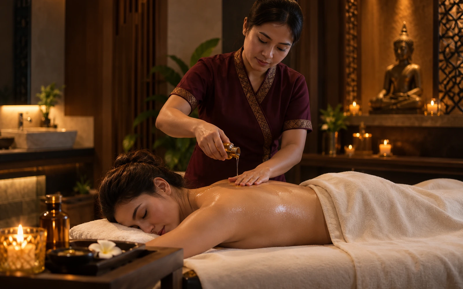 Warm aromatic oil worked across the back during an aroma therapy treatment
