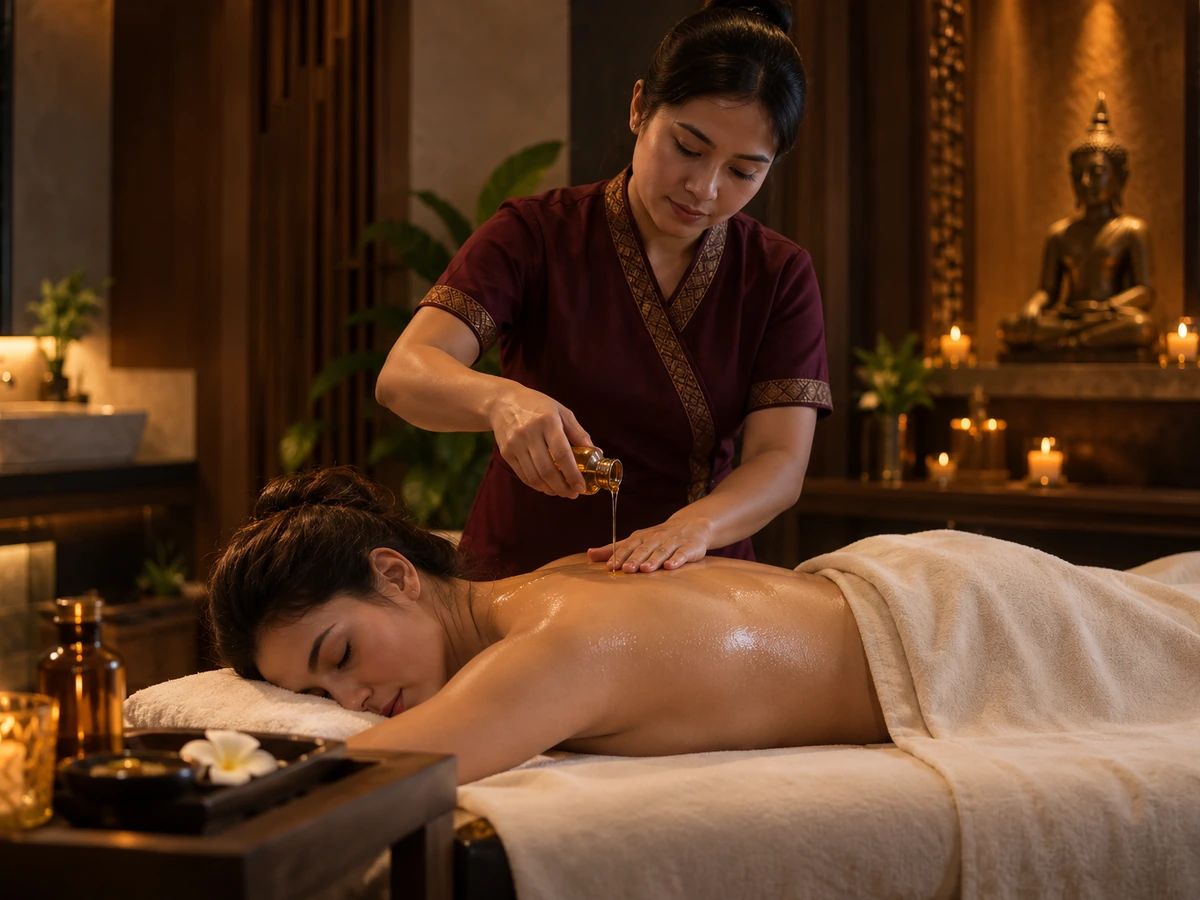 Full-body oil massage in a warmly lit room