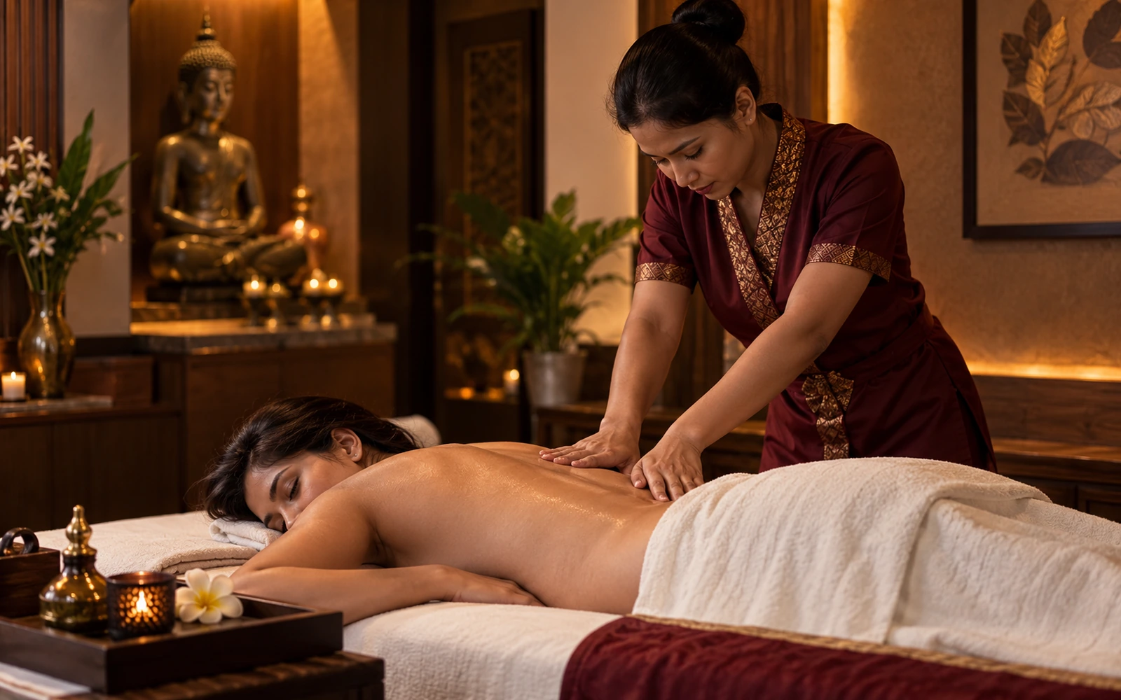 Focused shoulder and back work during a Balinese-inspired treatment
