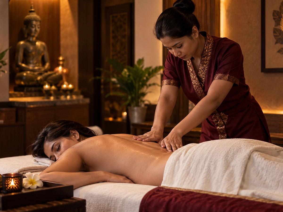 Therapist easing tension across the shoulders