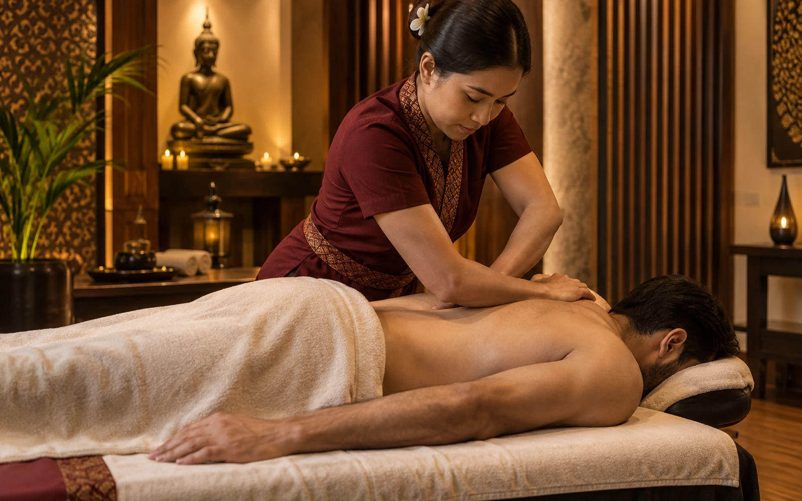 Therapist applying firm forearm pressure during a deep tissue massage