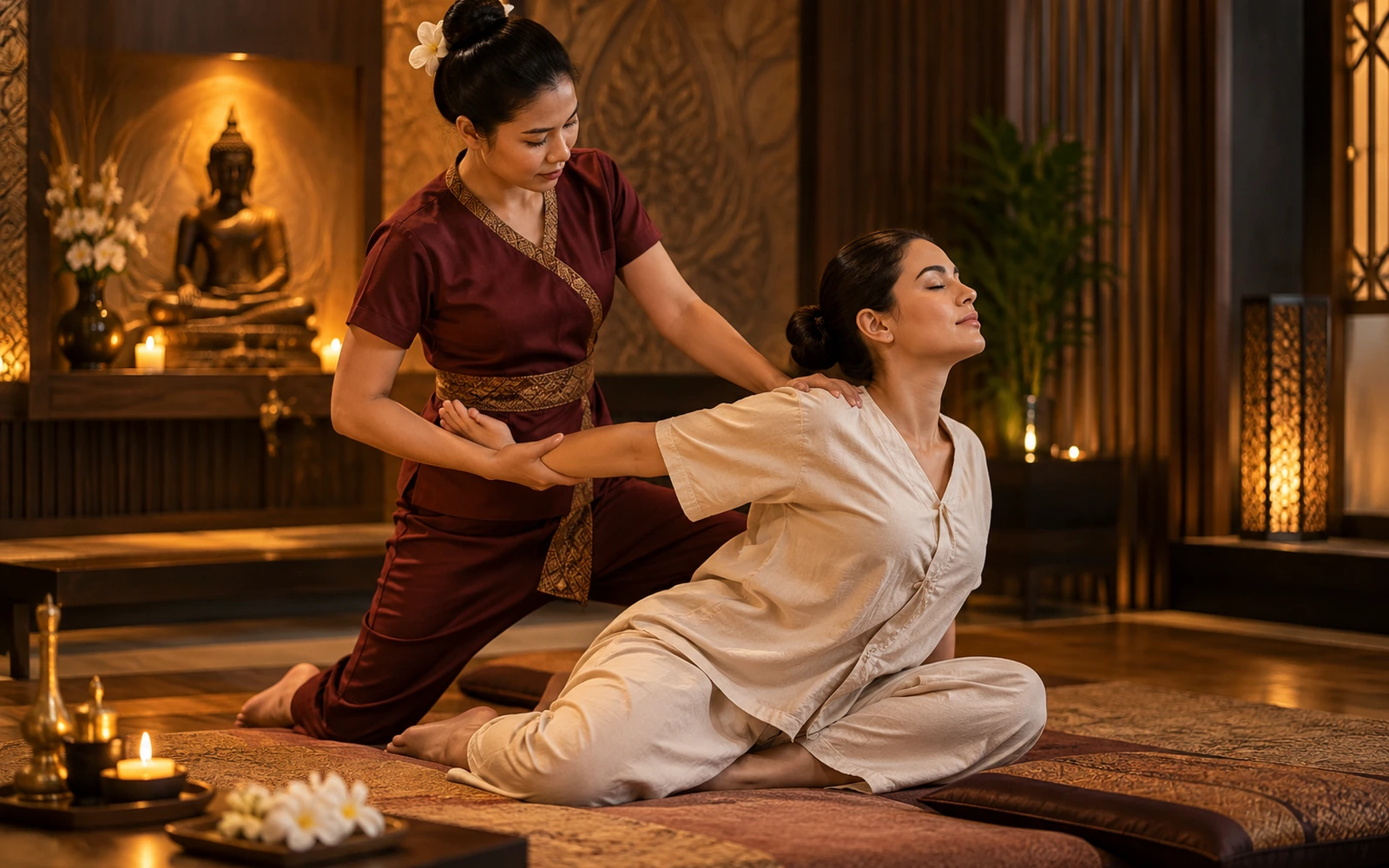 Therapist performing an assisted Thai stretch during a Thai therapy session