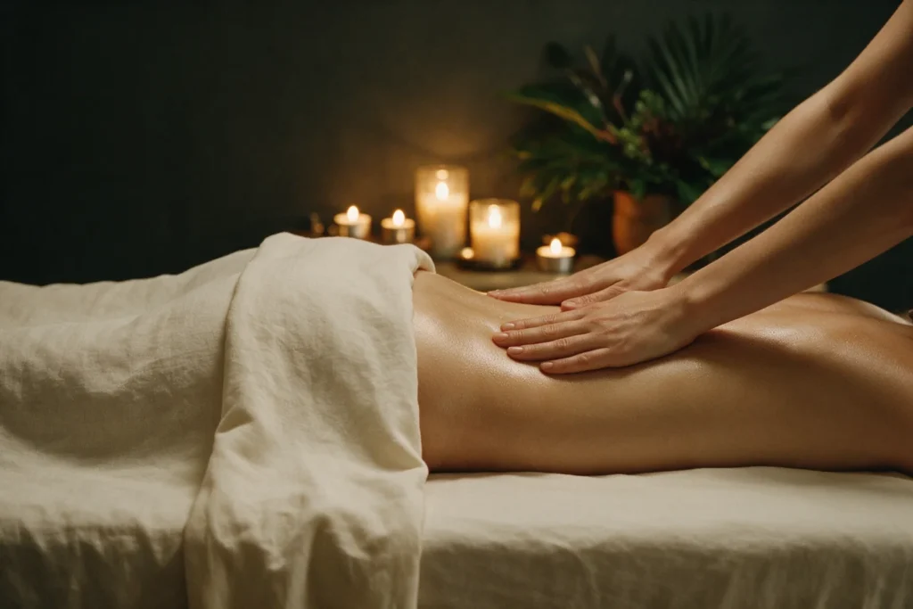 A therapist pressing with flat palms along a guest's lower back on an ivory linen covered table in candlelight