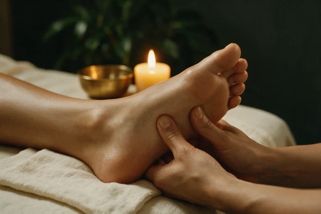 A therapist's thumbs pressing into the arch of a guest's foot resting on folded ivory linen beside a brass bowl