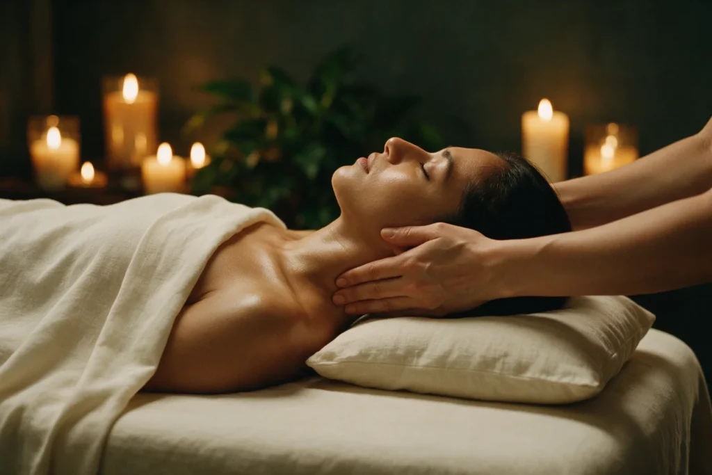 A therapist's hands cradling the neck and shoulders of a guest lying face up on ivory linen in candlelight