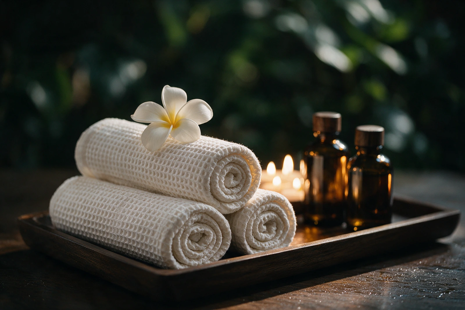 Folded ivory towels with massage oil bottles and a frangipani blossom
