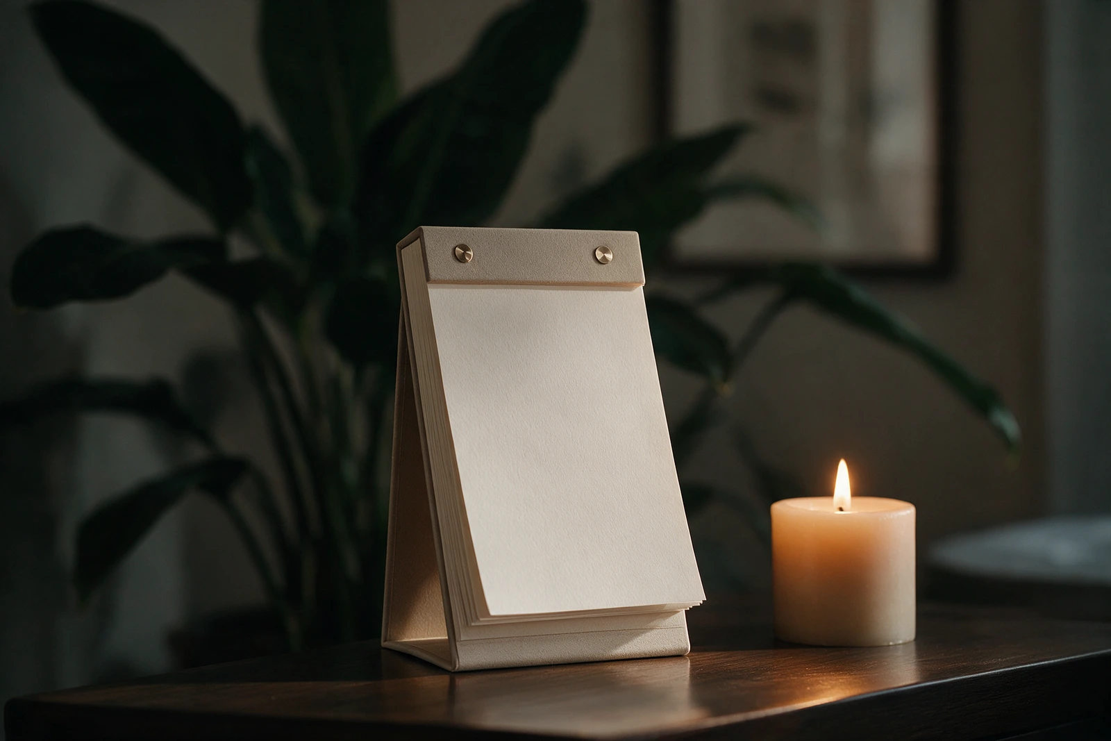 A simple desk calendar resting beside a lit candle, suggesting regular monthly sessions