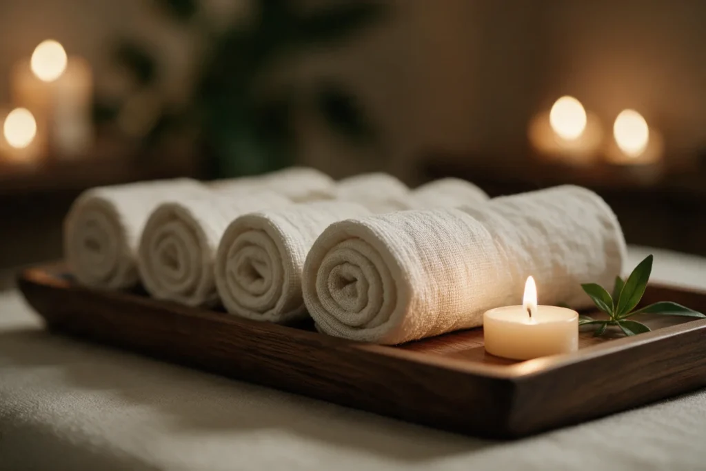 Rolled ivory linen spa towels on a dark wooden tray beside a lit candle and a sprig of green leaves