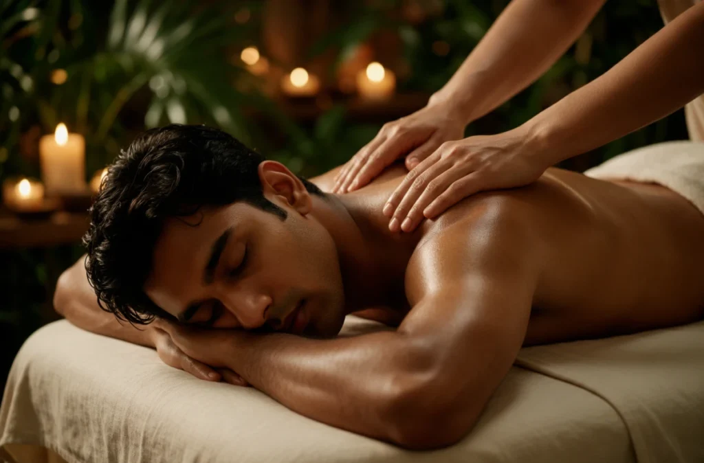 A man lying face down while a therapist works across his shoulders