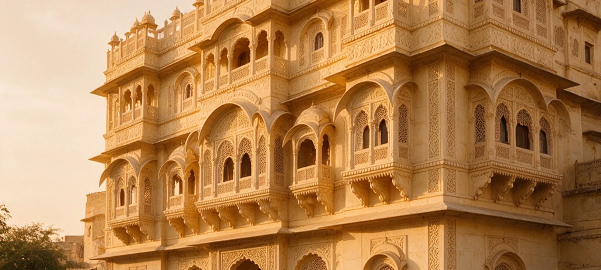 A carved sandstone haveli facade on a quiet street in warm evening light