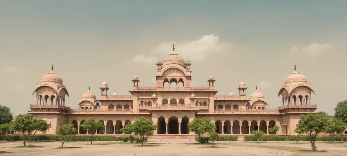 A domed sandstone heritage building in Jaipur photographed at dusk