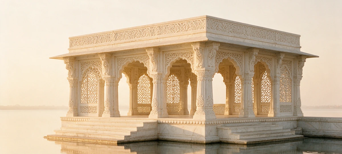 A carved marble lakeside pavilion in warm evening light