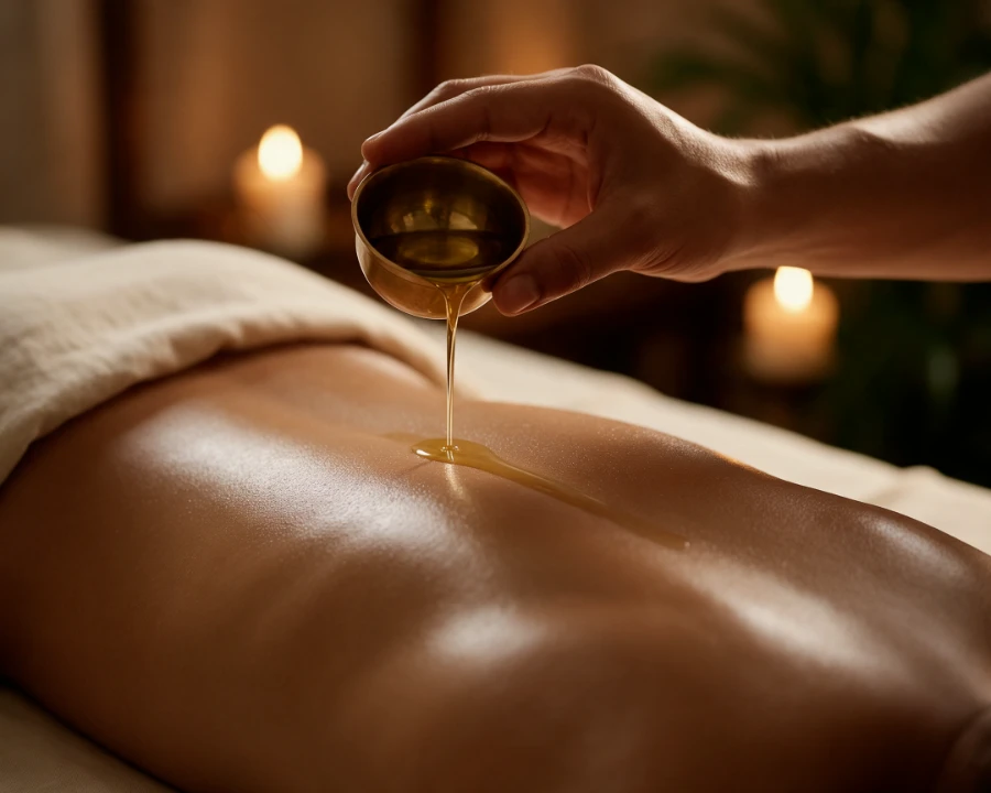 Warm oil pouring from a small brass vessel onto a guest’s back