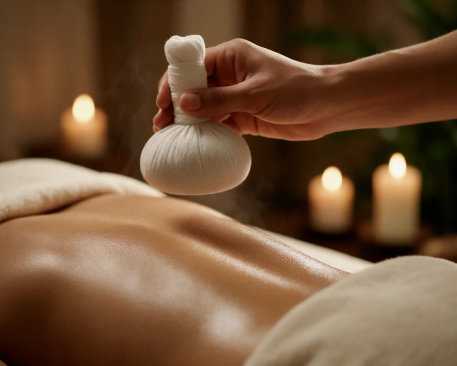 A muslin herbal compress held against a guest’s back