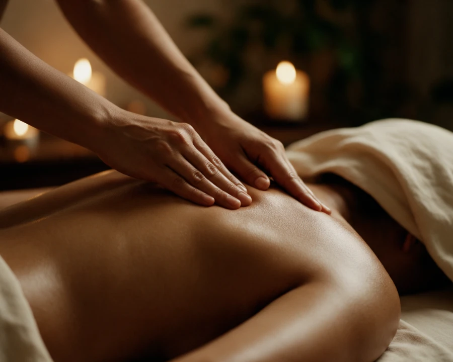 A therapist pressing into the muscle beside a guest’s shoulder blade