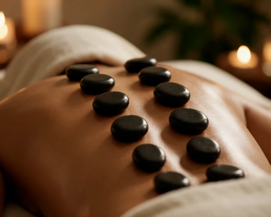 Smooth black basalt stones laid in a line along a guest’s spine