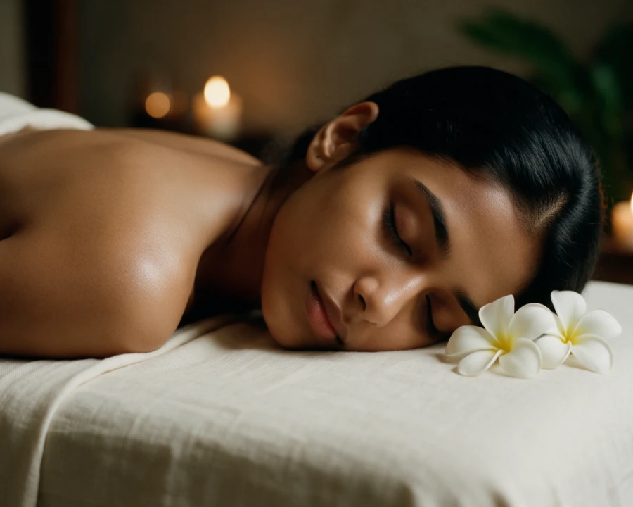 A woman resting face down on cream linen with frangipani blossoms beside her
