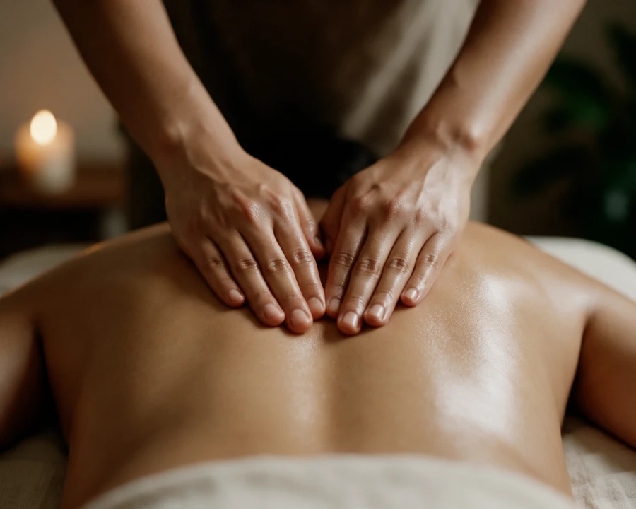 Two hands pressing flat along the centre of a guest’s back